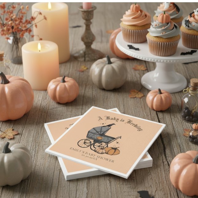 A Baby är en Orange-babyåda Pappersservett (A Baby is Brewing Napkins in Gender Neutral Pastel Orange for Halloween Baby Shower. Vintage Style)