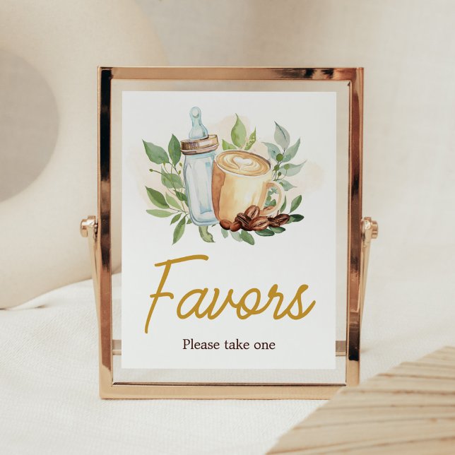 A Baby är favoriter för kaffebabybabyskor Poster (Bottle and Coffee Baby Shower Favors Sign)