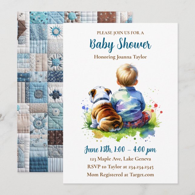 A Baby Boy and his English Bulldog | Baby Shower Inbjudningar (Fram/baksida)