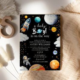 A Baby Boy Is On The Way Black Space Baby Shower Inbjudningar