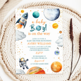 A Baby Boy Is On The Way Space Theme Baby Shower Inbjudningar
