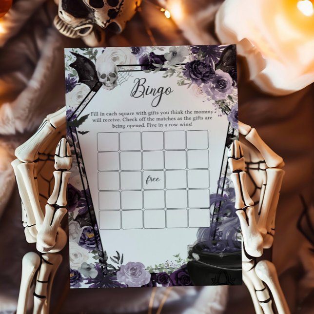 A Baby bringar Gothic Halloween Bingo Game (Floral Gothic Coffin A Baby is Brewing Baby Shower Bingo Game)