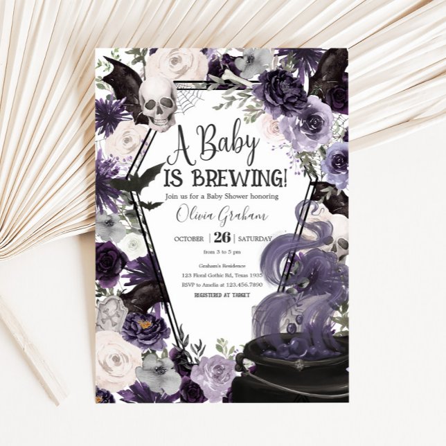 A Baby brinner Gothic Halloween Baby Shower Inbjudningar (Floral Gothic Coffin A Baby is Brewing Baby Shower Invitation
)