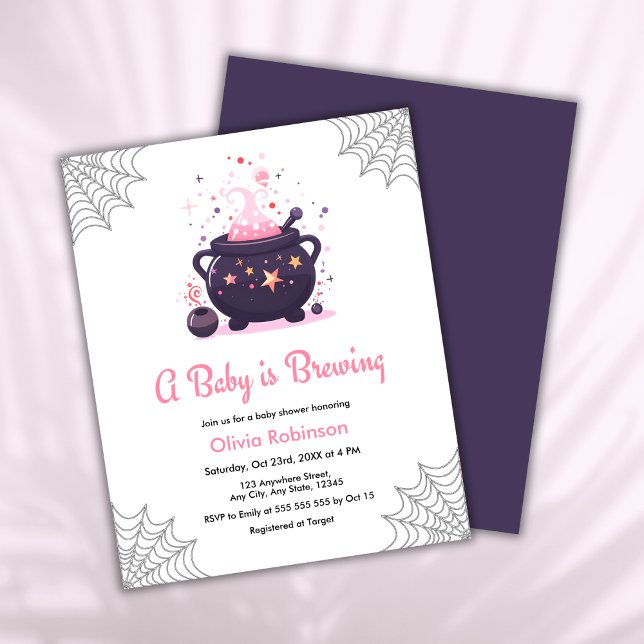 A Baby brinner Halloween Baby Shower Inbjudan (Budget Pink A Baby is Brewing Cauldron Halloween Girl Baby Shower Invitation )