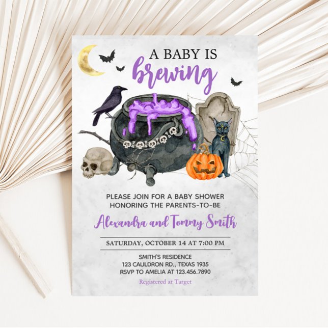 A Baby brinner Halloween Baby Shower Inbjudningar (Violet Baby is Brewing Halloween Baby Shower invitation)