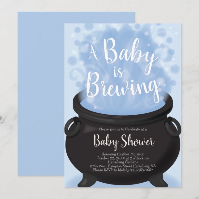 A Baby brinner i Witch Shower Blue Boy Inbjudningar (Fram/baksida)