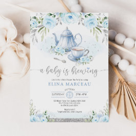 A Baby brinner Silver Blue Blommigt Tea Party Inbjudningar