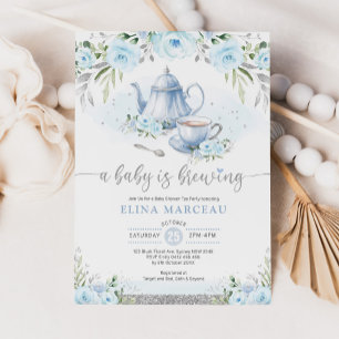 A Baby brinner Silver Blue Blommigt Tea Party Inbjudningar