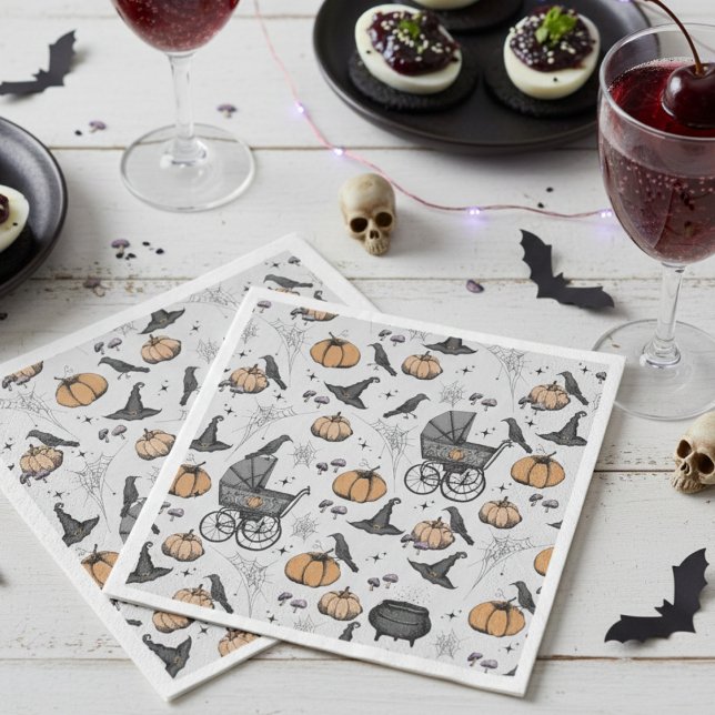 A Baby bryter mot Grått Victorian Baby Carriage Pappersservett (Gray Gothic Halloween Baby Shower Paper Napkins. Vintage Baby Carriage, Black Raven, Pumpkin & Web)