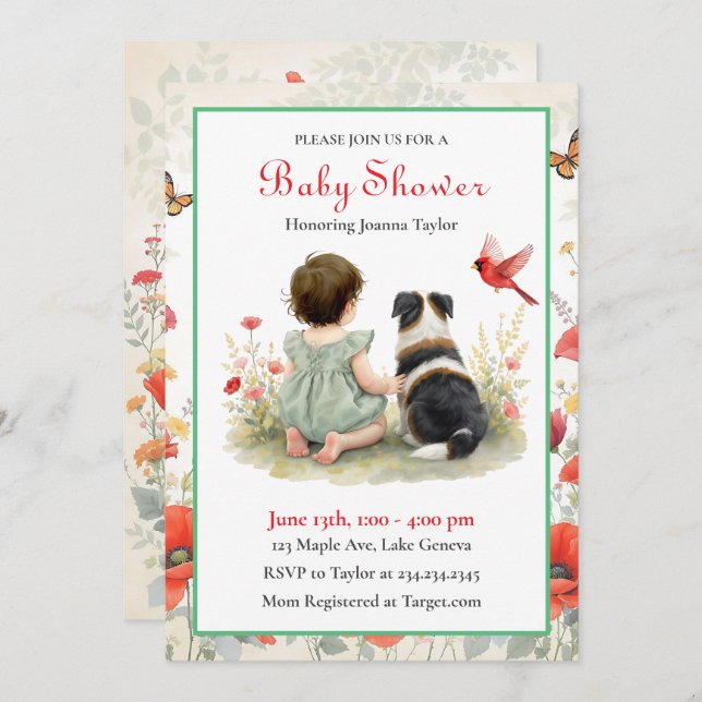 A Baby Girl and her Puppy Baby Shower Invitation Inbjudningar (Fram/baksida)