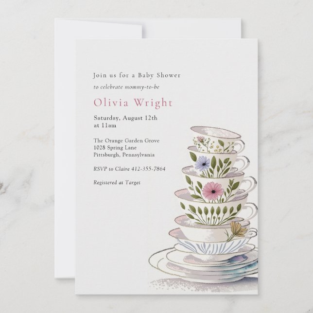 A Baby håller på att andas Bebisduschen Tea Party Inbjudningar (Framsida)