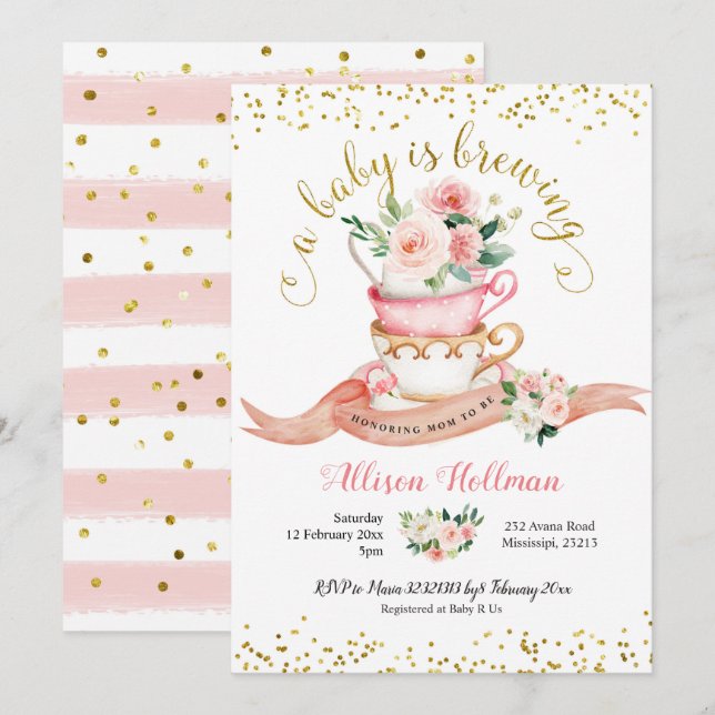 A Baby håller på att andas Bebisduschen Tea Party Inbjudningar (Fram/baksida)