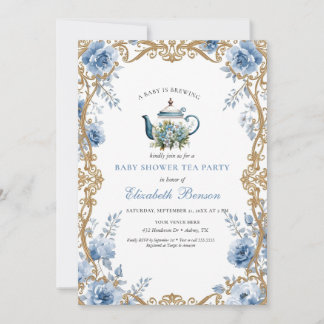 A Baby Is Brewing Blue Floral Shower Inbjudningar