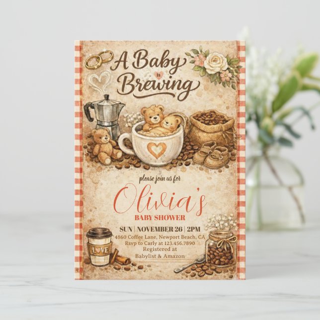 A Baby is Brewing Gingham Coffee Baby Shower  Inbjudningar (Stående Fram)