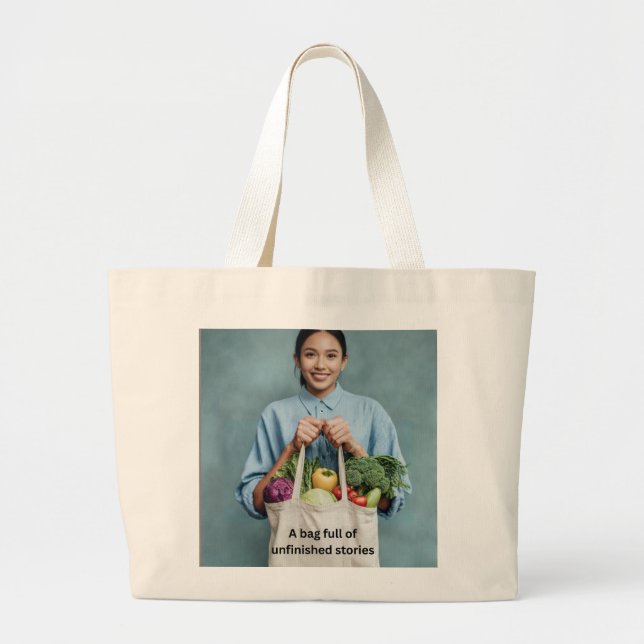 A Bag Full of Unfinished Stories – Literary Canvas Jumbo Tygkasse (Framsidan)
