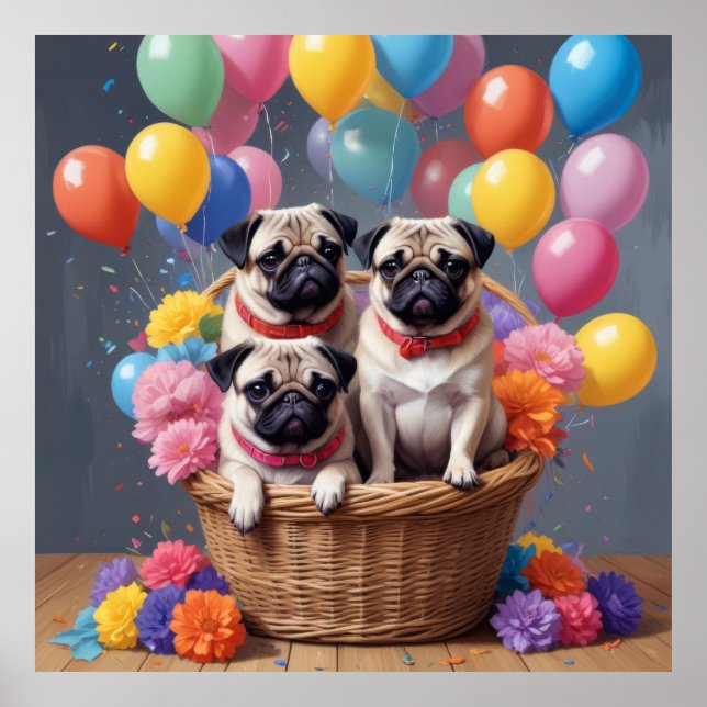 A Basket Fullt av Pugs och ballonger Poster (Framsidan)