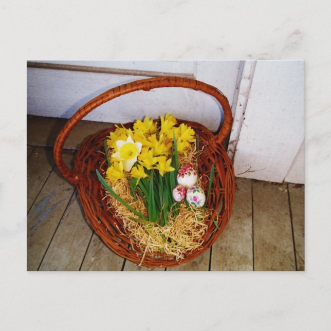 A Basket i Gult Daffodils och blommigt Påskägg Helg Vykort (Framsida)