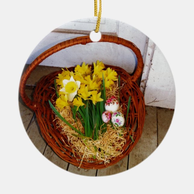 A Basket i Gult Daffodils och blommigt Påskägg Julgransprydnad Keramik (Framsidan)