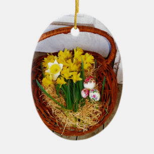A Basket i Gult Daffodils och blommigt Påskägg Julgransprydnad Keramik