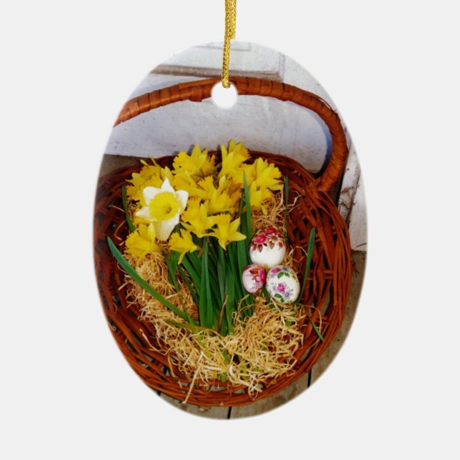 A Basket i Gult Daffodils och blommigt Påskägg Julgransprydnad Keramik (Framsidan)