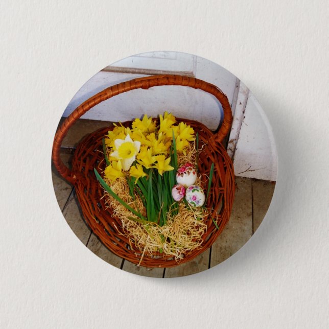 A Basket i Gult Daffodils och blommigt Påskägg Knapp (Framsida)