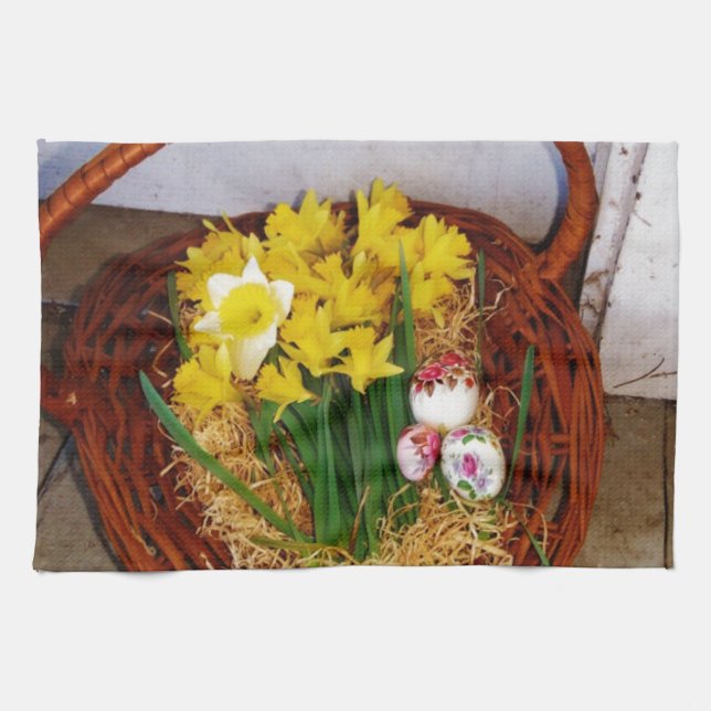A Basket i Gult Daffodils och blommigt Påskägg Kökshandduk (Horisontell)