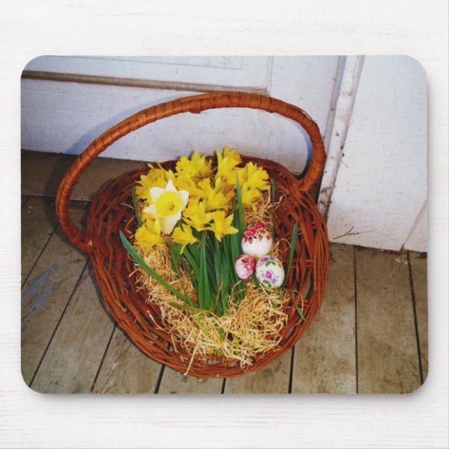 A Basket i Gult Daffodils och blommigt Påskägg Musmatta (Framsidan)