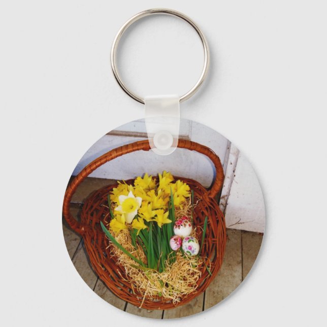 A Basket i Gult Daffodils och blommigt Påskägg Nyckelring (Framsida)