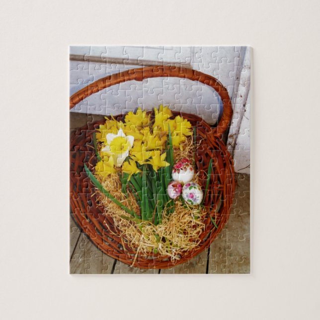 A Basket i Gult Daffodils och blommigt Påskägg Pussel (Vertikal)