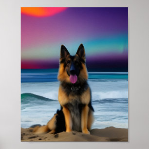 A Beach German Shepherd biet of art Poster