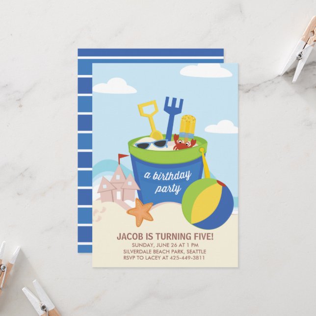 A Beach Party Barn födelsedagsfest inbjudan_Blue Inbjudningar (Fram/Back In Situ)