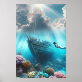A beautiful diver finds a ship wrecked in the reef poster