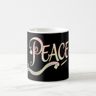 A beautiful, flowing script of the word "Peace" fe Kaffemugg