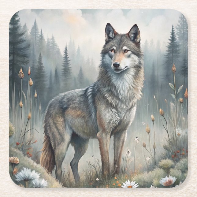 A Beautiful Forest Wolf Underlägg Papper Kvadrat (Framsidan)