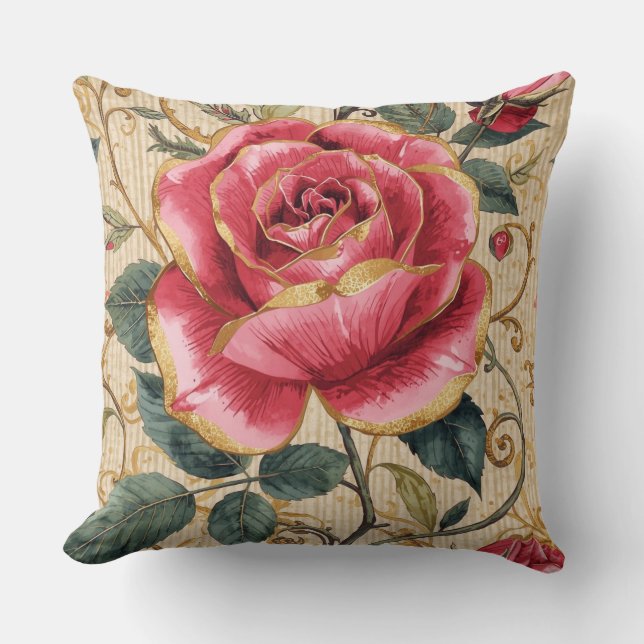 A Beautiful Shocking Pink Rose, Gold, Luxurious Kudde (Framsida)