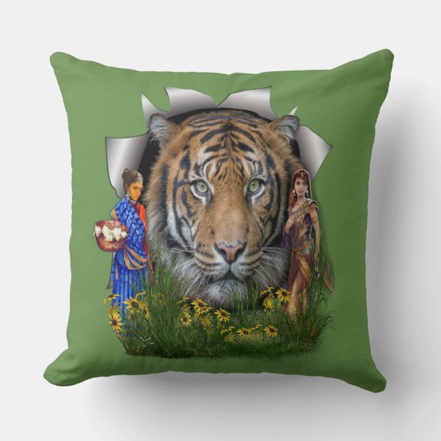 A Bengal Tiger habitat med indiska flickor Kudde (Framsida)