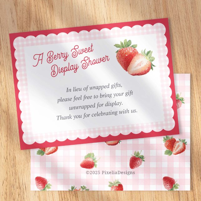 A Berry Sweet Display Shower-Strawberry Themed Tilläggskort (Strawberry Themed Display Shower enclosure card. Pink Gingham Berry Sweet Baby shower insert cards.)