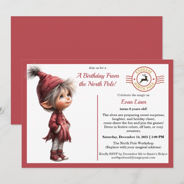 A Birthday From the North Pole | Whimsical Elf  Inbjudningar (Fram/baksida)