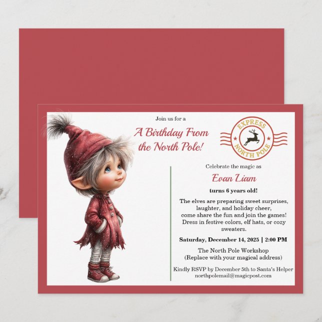 A Birthday From the North Pole | Whimsical Elf  Inbjudningar (Fram/baksida)