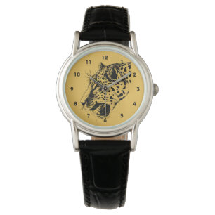 A Black and Gult Hand plockade Leopard Illustratio Armbandsur