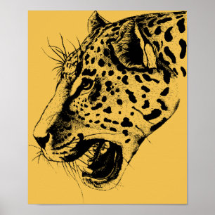A Black and Gult Hand plockade Leopard Illustratio Poster