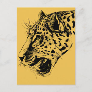 A Black and Gult Hand plockade Leopard Illustratio Vykort