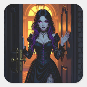 A Black and Lila Witch Halloween Fyrkantigt Klistermärke
