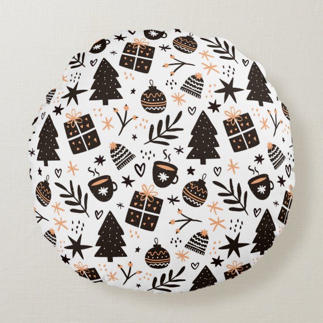 A Black and White jul Mönster Rund Kudde (Framsidan)