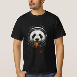 A black and white panda bear wearing a space suit t shirt