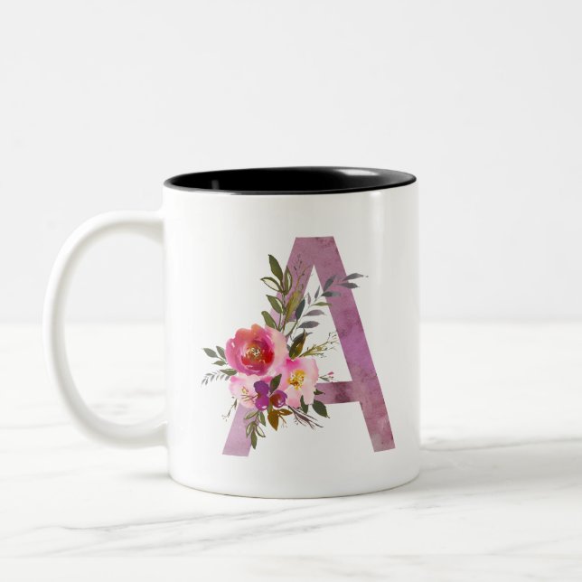 A, Blommigt Monogram initial, vattenfärgsblomma Två-Tonad Mugg (Vänster)