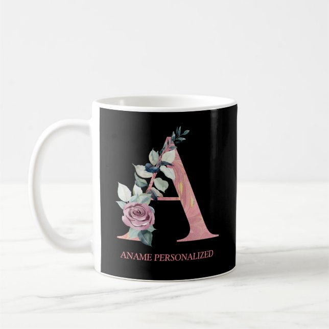 A Blommigt Monogram Namn Brev Rosa Agate Kaffemugg (Vänster)