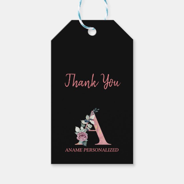 A Blommigt Monogram Namn Brev Rosa Agate Presentetikett (Framsidan)