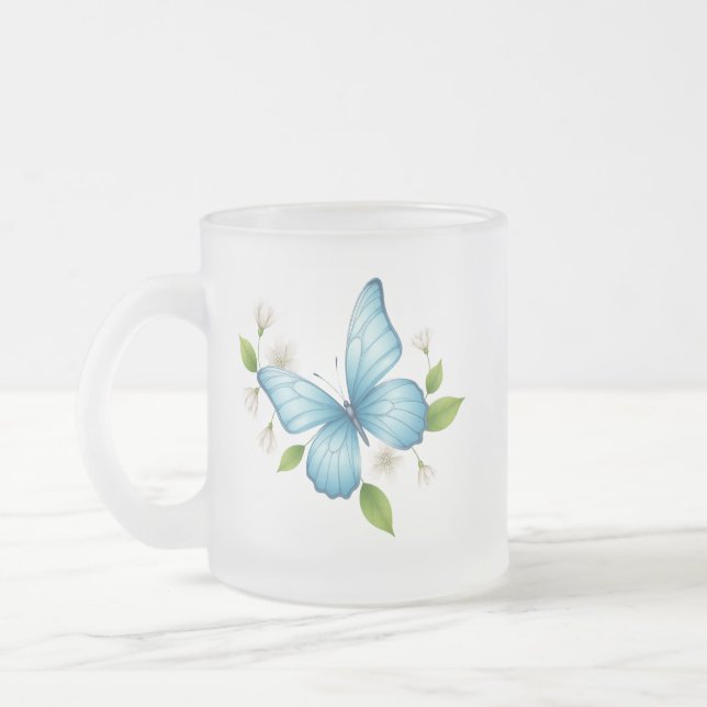 A Blue butterfly frosted glass Mug Frostad Glasmugg (Vänster)