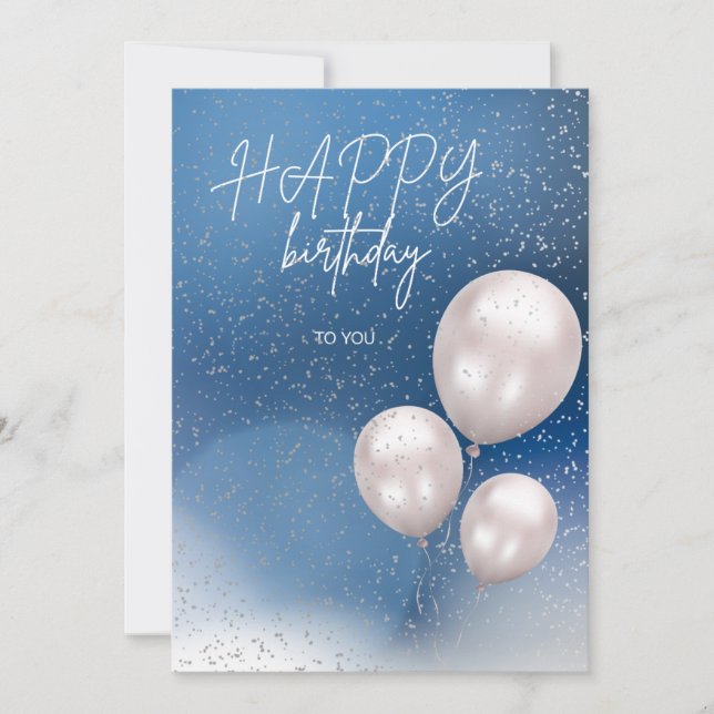 A blue elegant birthday card with white balloons julkort (Framsida)
